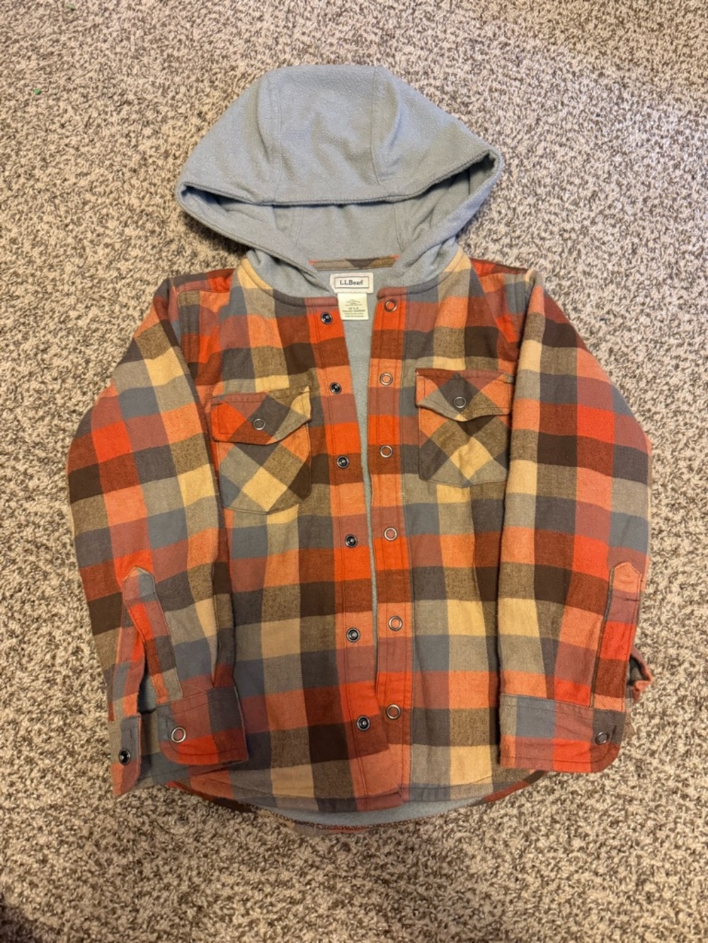 L.L. Bean Plaid Hooded Flannel Shirt Jacket - Rust, Gray, Cream 5/6